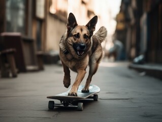 A dog riding a skateboard