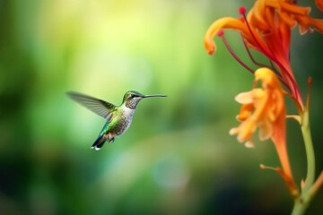 Fototapeta na wymiar Hummingbird hovering next to blooming flowers. Beautiful hummingbird sucking nectar in flight. AI generated image