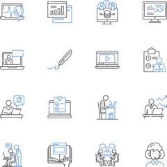 Geographically flexible line icons collection. Nomadic, Relocatable, Mobile, Versatile, Peripatetic, Adaptable, Portable vector and linear illustration. Wandering,Transient,Migratory outline signs set