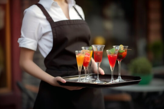 Waitress serving cocktails outdoors. Young woman in uniform serving cold drinks in outdoor cafe or beach bar. Beach party, summer holidays and vacation concept. AI generated