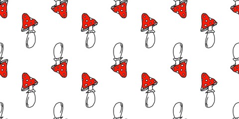 Seamless pattern of Fly Agaric mushrooms on white background, digital illustration. For wallpapers, backgrounds, fabric, textile, wrapping paper