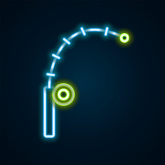 Glowing neon line Fishing rod icon isolated on black background. Catch a big fish. Fishing equipment and fish farming topics. Colorful outline concept. Vector