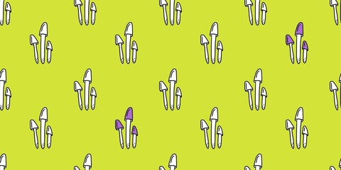 Seamless pattern of Toadstool mushrooms on yellow background, digital illustration. For wallpapers, backgrounds, fabric, textile, wrapping paper