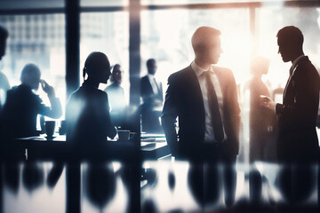 Business team working talking together on IT startup business at big conference desk using wireless cloud computing service. Flat style illustration isolated on white background. Generative AI