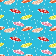 Seamless pattern of colorful line art umbrellas on light blue background. For wallpapers, wrapping paper, textile, fabric, seasonal clothing prints and products packaging
