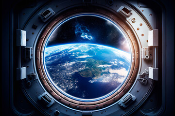 Fototapeta premium View from the spacecraft's porthole. Generative AI