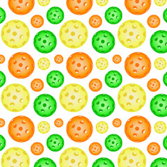 Obraz premium Colorful pickleball balls, sports background. Backdrop for banners, print for sportswear, paper, fabrics, backgrounds. Emblem for pickleball sports club. Vector illustration