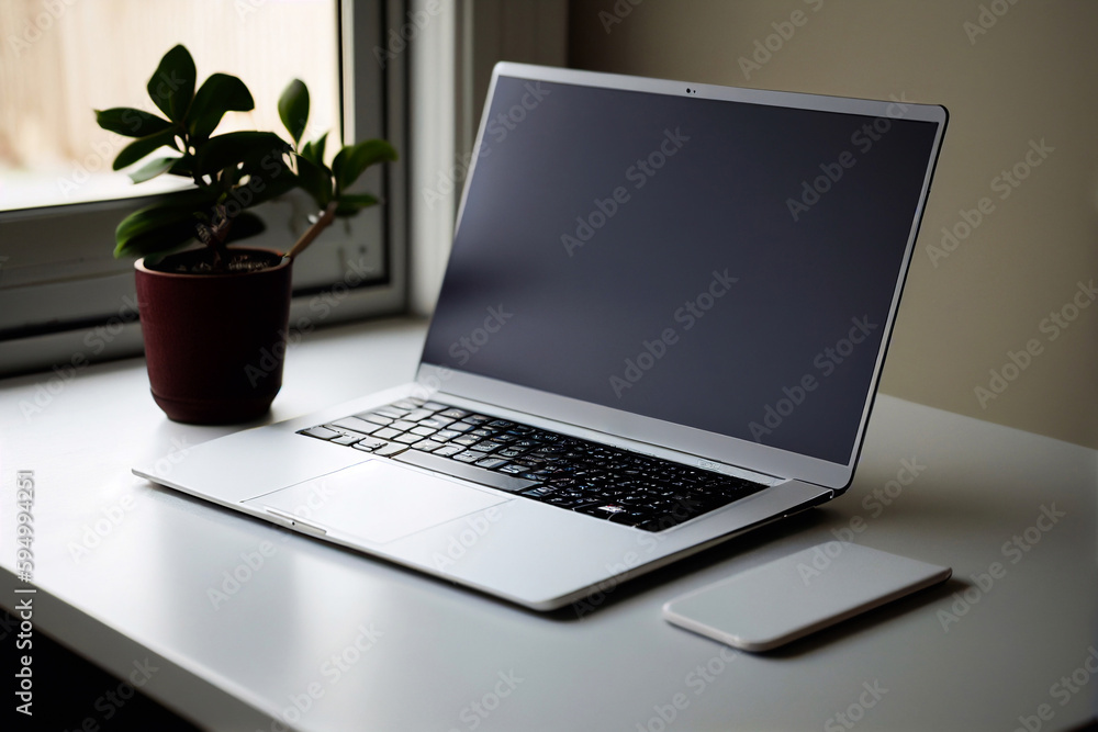 Leinwandbilder computer laptop with blank empty screen for copy space text on working desk table or workplace illus