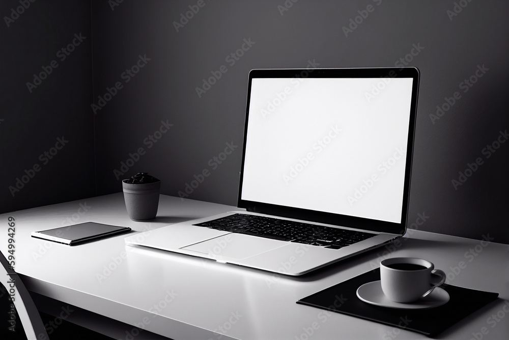 Fototapete computer laptop with blank empty screen for copy space text on working desk table or workplace illus