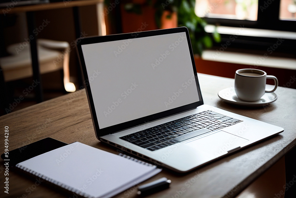 Fototapete computer laptop with blank empty screen for copy space text on working desk table or workplace illus