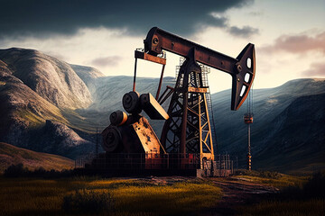 Oil Industry Banner, Silhouette Pumpjack on a Background of Mountains. Overground Drive for a Reciprocating Piston Pump in an Oil Well, Illustration Generative AI