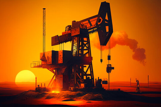 Darck silhoutte of oil rig and pumps during sunset Generative AI
