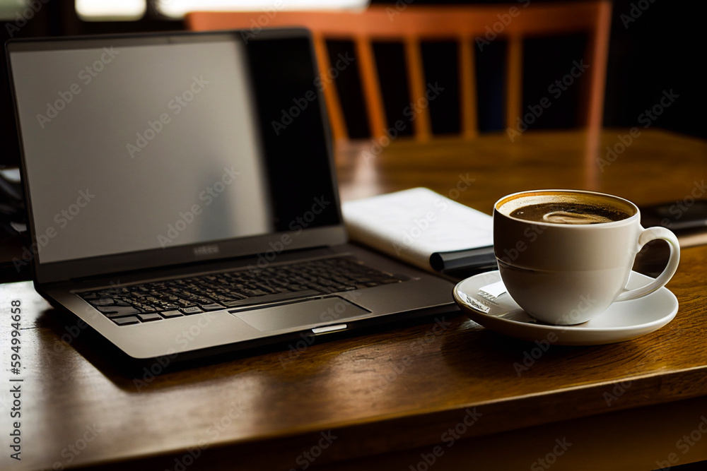 Fototapete computer laptop with blank empty screen for copy space text on working desk table or workplace illus