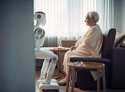 Pflegeroboter kümmert sich um eine alte Frau - Generative AI