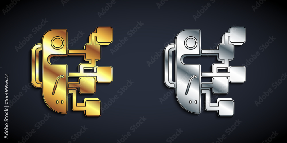Poster gold and silver humanoid robot icon isolated on black background. artificial intelligence, machine l