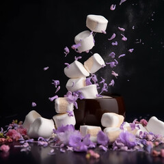 Pieces of white marshmallows fall in the air and purple violet flowers on a black background, a beautiful background, an unusual composition, for advertising and packaging design, ai generative