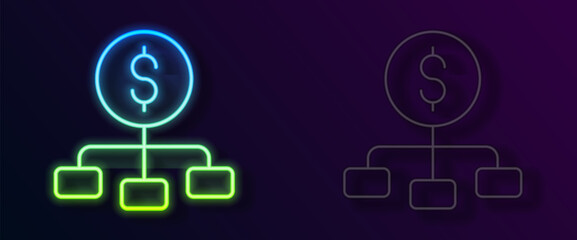 Glowing neon line Dollar on top of financial hierarchy icon isolated on black background. Vector