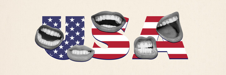 Creative design with female mouths over american flag pattern letters. Freedom of speech. Independence day. Contemporary artwork. Concept of american culture, history, patriotism, holiday, 4th of july