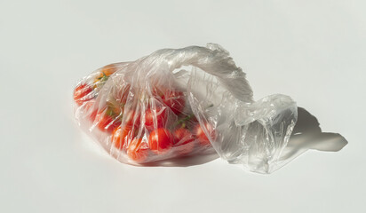 The cherry tomatoes in a transparent plastic bag. Red small tomatoes in a package on a white background.