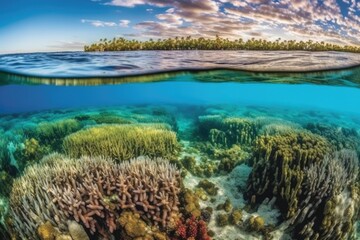 Naklejka na ściany i meble an idyllic tropical island and vibrant coral reef beneath crystal-clear waters. Generative AI