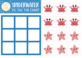 Vector under the sea tic tac toe chart with crab and starfish. Ocean life board game playing field with cute characters. Funny marine printable worksheet. Noughts and crosses grid .
