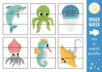 Vector under the sea mix and match puzzle with cute characters. Matching ocean life activity for preschool kids. Educational printable game with dolphin, octopus, jellyfish, seahorse.