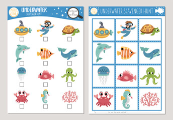 Vector under the sea scavenger hunt cards set. Seek and find game with cute submarine, diver, dolphin, whale for kids. Ocean life searching activity. Simple educational printable worksheet.