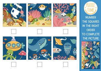 Fototapeta na wymiar Vector under the sea activity. Ocean life complete the picture logic game with underwater landscape. Fun printable worksheet for kids. Find right piece of puzzle. Number squares in right order.