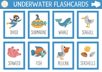 Vector flash cards set with water animals, diver, submarine. English language game with cute whale, pelican, shells for kids. Ocean life flashcards. Simple educational printable worksheet.