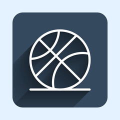 White line Basketball ball icon isolated with long shadow background. Sport symbol. Blue square button. Vector