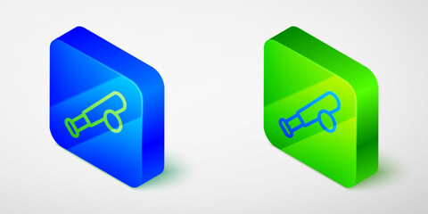 Isometric line Baseball bat with ball icon isolated on grey background. Blue and green square button. Vector