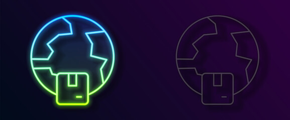 Glowing neon line Worldwide shipping icon isolated on black background. Vector