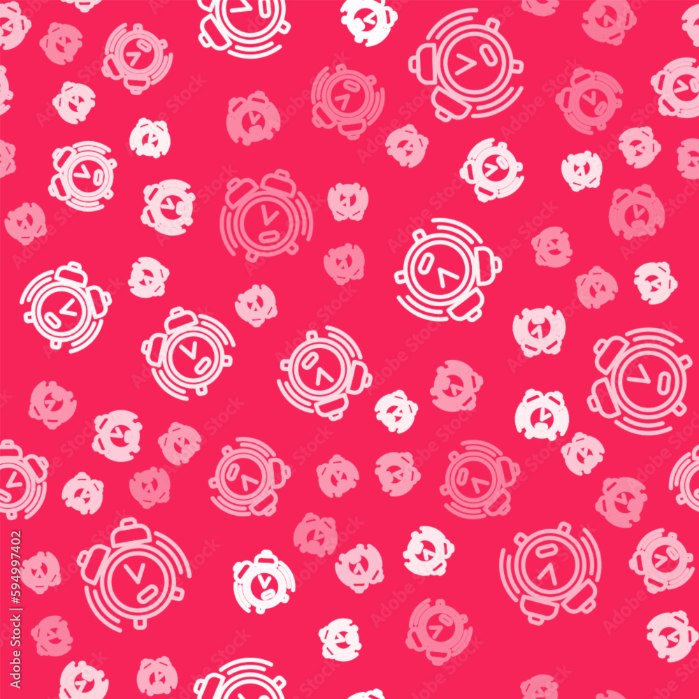 Poster white line alarm clock icon isolated seamless pattern on red background. wake up, get up concept. ti