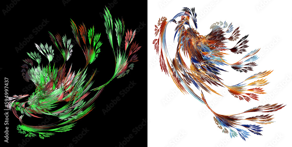 Poster abstract aerial dynamic wings on white and black backgrounds. set of graphic design elements. 3d ren