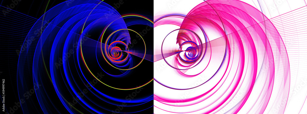 Poster multi-colored spirals unfold in layers from the same center on a white and black backgrounds. two ab