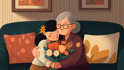 Happy time Mother day cuddle hug care love face to face kiss cheek to mature mum. Asia middle aged old mom adult people smile enjoy receive gift flower from young child sitting on sofa cartoon drawing
