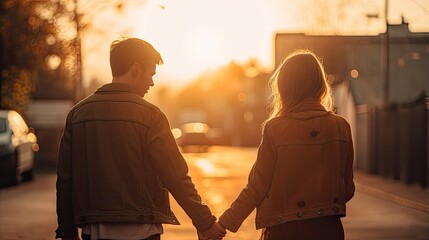 Two people in love holding hands together as they walk in nature with the sunset in the background, Generative AI
