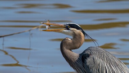 Great blue heron perched on a dock in a body of water, feasting on a freshly caught fish