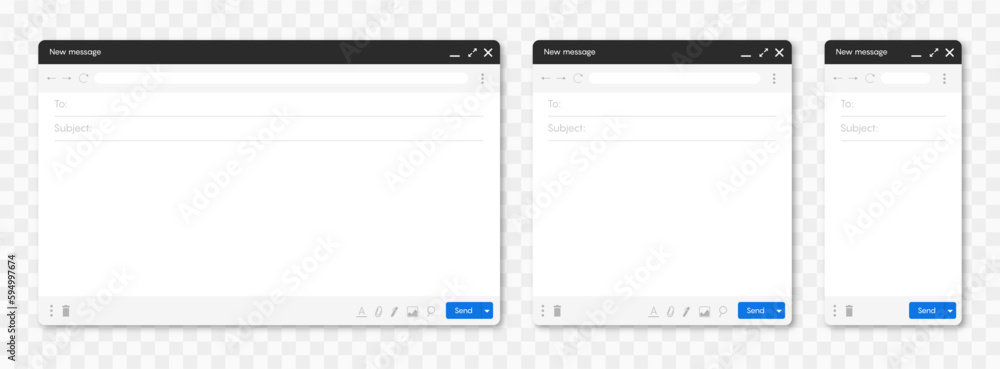 Poster mail window template set for laptop, tablet and phone. internet mail frame. vector illustration.