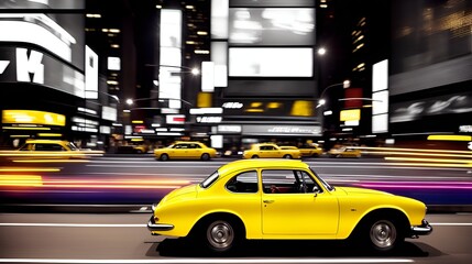 A vintage yellow car driving through the busy streets of New York City