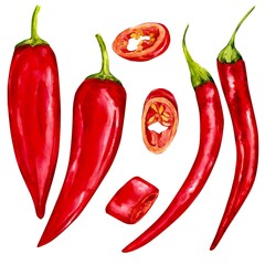 Set of red hot chili peppers. Bright shiny vegetables on a white background. Watercolor illustrations for menu design, textiles, packaging. - obrazy, fototapety, plakaty