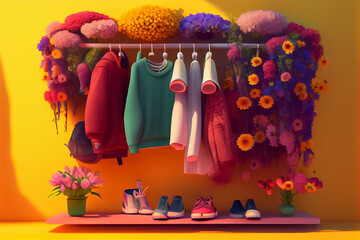 illustration of spring and summer clothes on hungers at home. AI