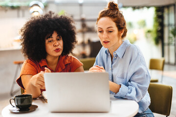 Professional women having a discussion as they work with a laptop