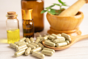 Alternative medicine herbal organic capsule with vitamin E omega 3 fish oil, mineral, drug with...