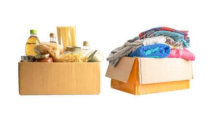 Foodstuff and used clothes for donation isolated on white background, storage and delivery. Various food, pasta, cooking oil and canned food in cardboard box.