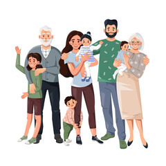 A big happy family together. Portrait of a happy family with children, parents, grandparents on a white background. Vector illustration in cartoon style