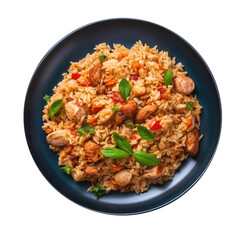 Jambalaya On Blue Smooth Round Plate On Isolated Transparent Background U.S. Dish. Generative AI