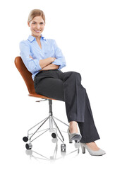 Business chair, portrait and proud woman isolated on transparent, png background in professional...