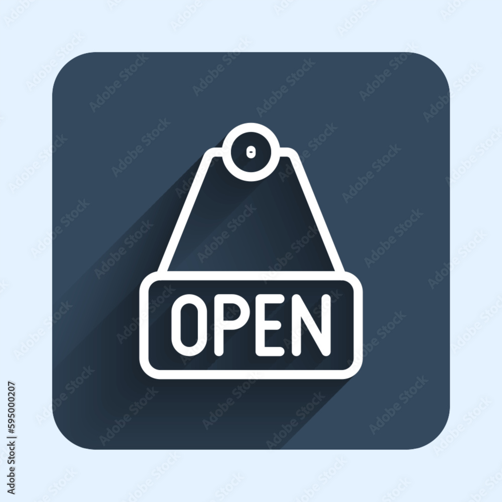 Poster White line Hanging sign with text Open door icon isolated with long shadow background. Blue square button. Vector