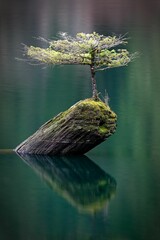 Vertical shot of a tiny douglas fir tree in fairy lake